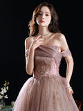 Aline Pink Long Prom Dress, Formal Pink Lace Graduation Dress with Sequin Lace Beading