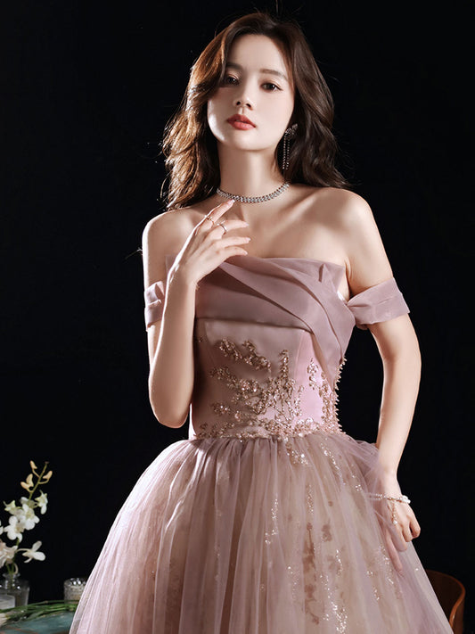 Aline Pink Long Prom Dress, Formal Pink Lace Graduation Dress with Sequin Lace Beading