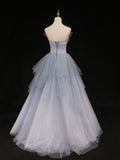 Blue A line sweetheart neck tulle long prom dress blue formal dress