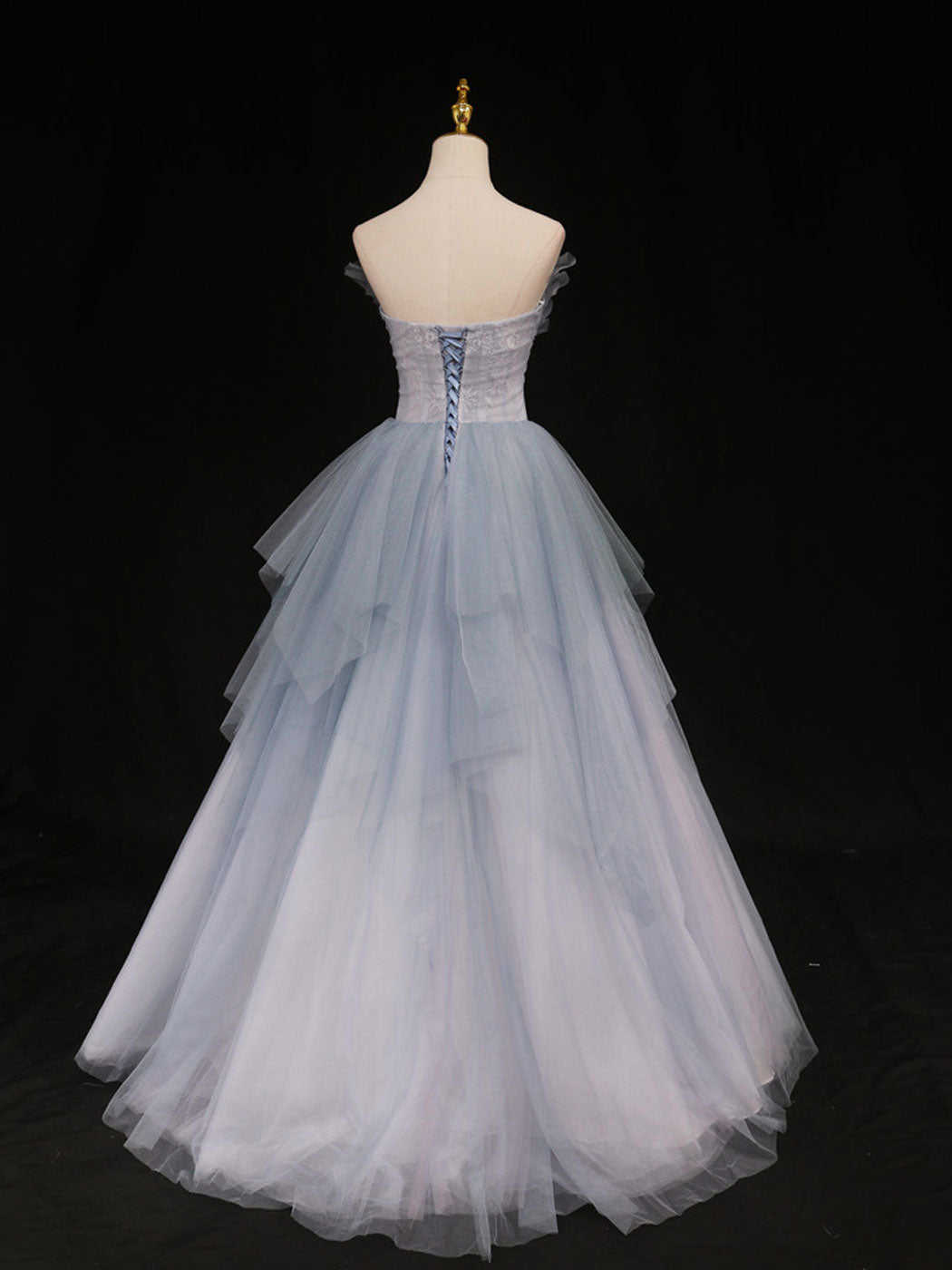 Blue A line sweetheart neck tulle long prom dress blue formal dress