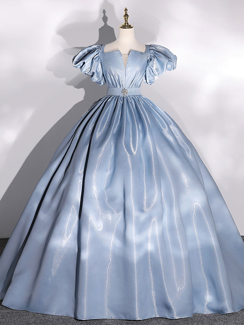 Ball Gown Puff Sleeves Blue Long Prom Dress, Blue Sweet 16 Dress