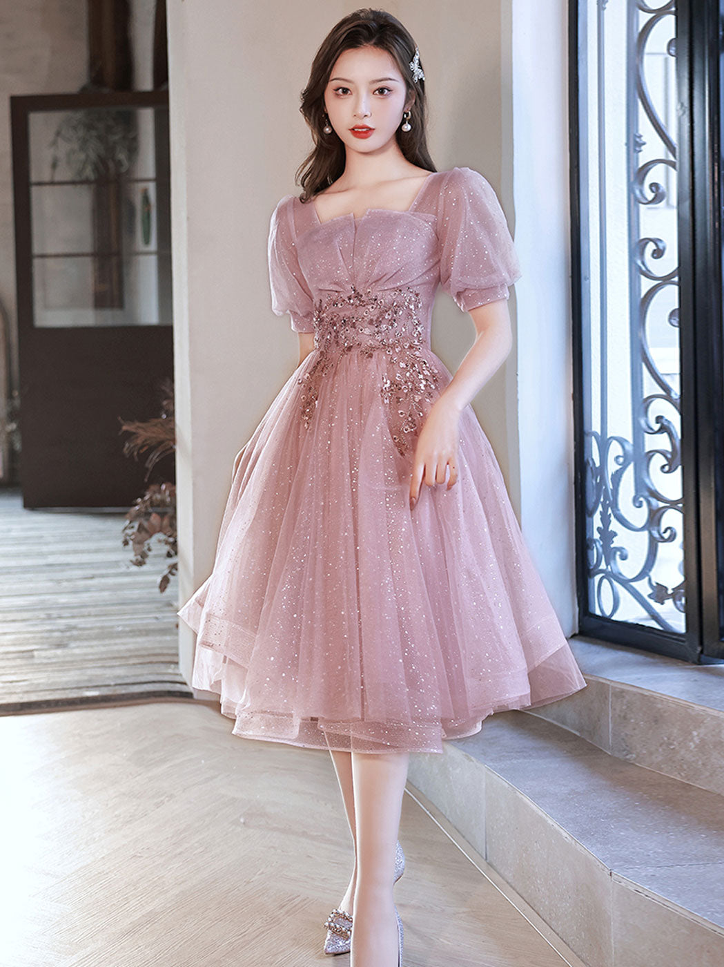 Pink tulle sequin short prom dress pink tulle formal dress