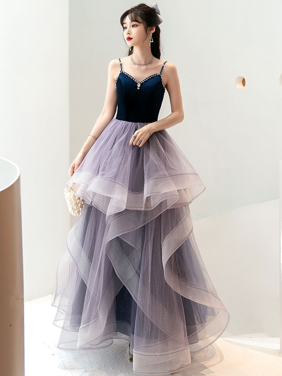 Purple sweetheart neck tulle long prom dress, purple evening dress