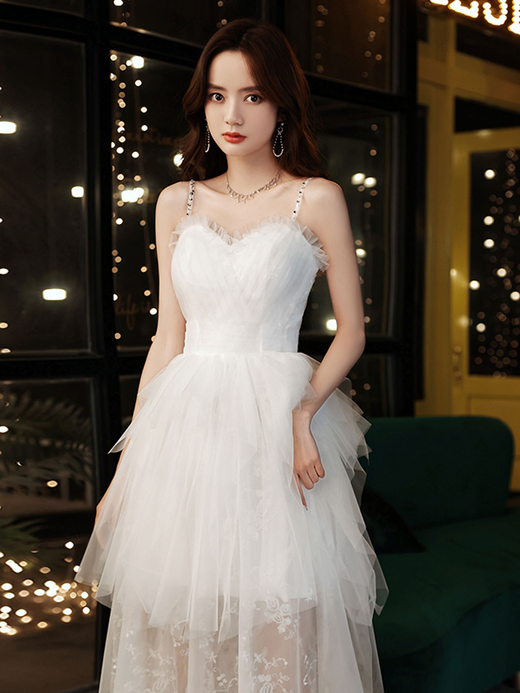 White sweetheart neck tulle lace long prom dress, white formal dress