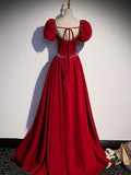 A line  burgundy satin long prom dress, burgundy formal party dress