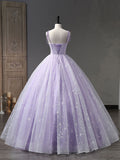 A-Line Tulle Purple Long Prom Dresses