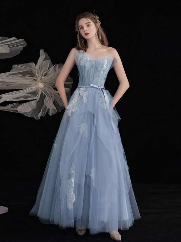 Blue tulle lace long prom dress, blue tulle lace evening dress