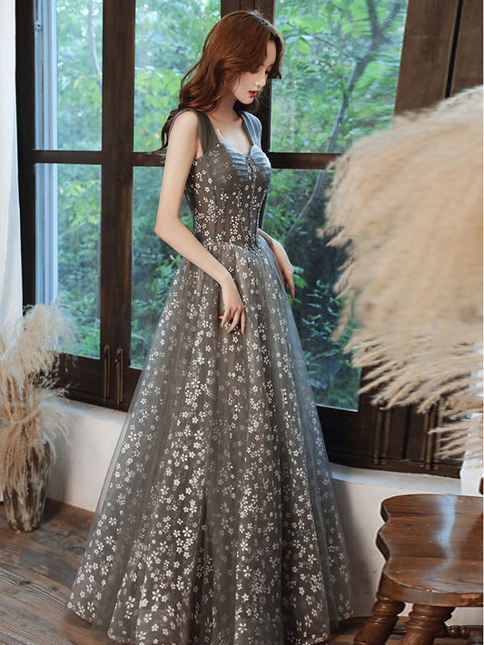 Gray A line tulle beads long prom dress gray tulle formal party dress