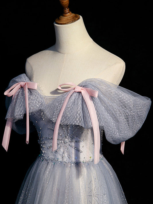 A line tulle gray blue long prom dress, gray formal dress