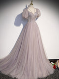 Unique A line tulle sequin long prom dress formal party dress