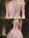 A line Tulle Pink Long Prom Dresses, Formal Pink Graduation Dress With Lace Beading