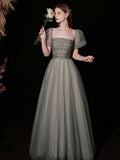 A Line Gray Long Prom Dress, Gray Tulle Sequin Graduation Dresses