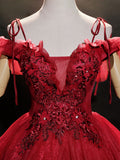 Burgundy off shoulder tulle lace long prom dress burgundy sweet 16 dress