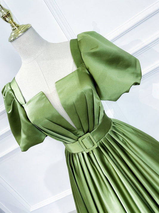 Green satin long prom dress, green satin evening dress