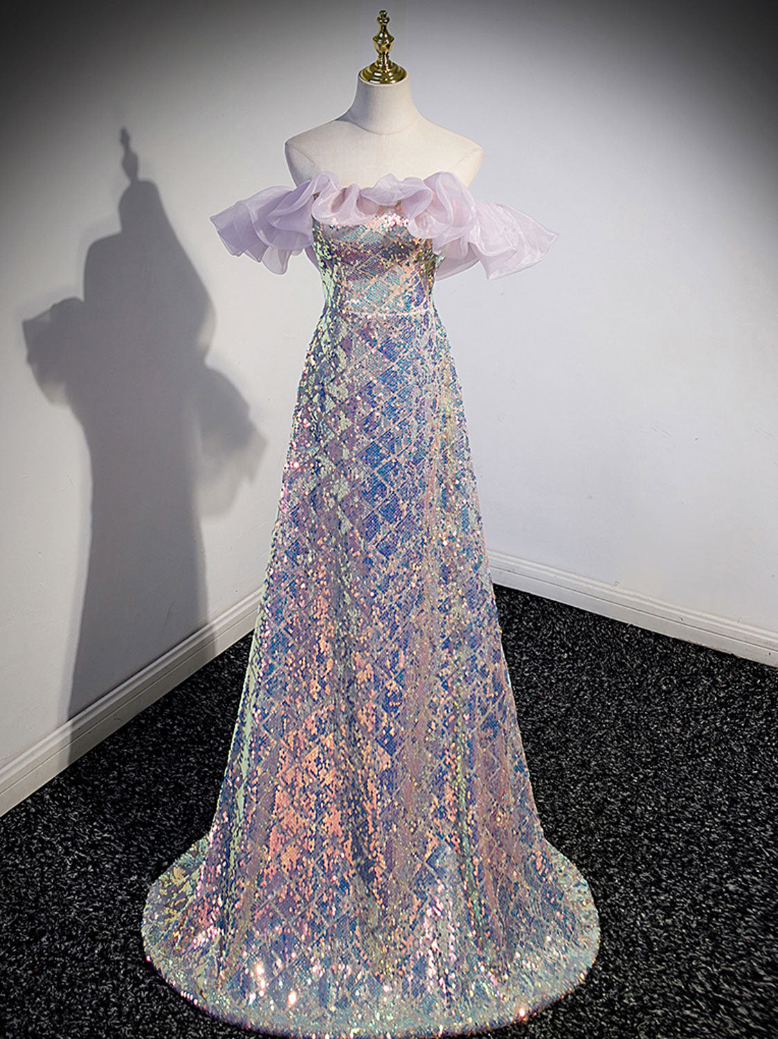 Unique Off Shoulder Sequin Long Prom Dress, Sequin Evening Dress