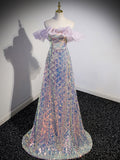 Unique Off Shoulder Sequin Long Prom Dress, Sequin Evening Dress
