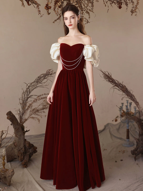 A-Line Sweetheart Neck Velvet Burgundy Long Prom Dress, Burgundy Evening Dress