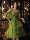 Green off shoulder tulle short prom dress green homecoming dress