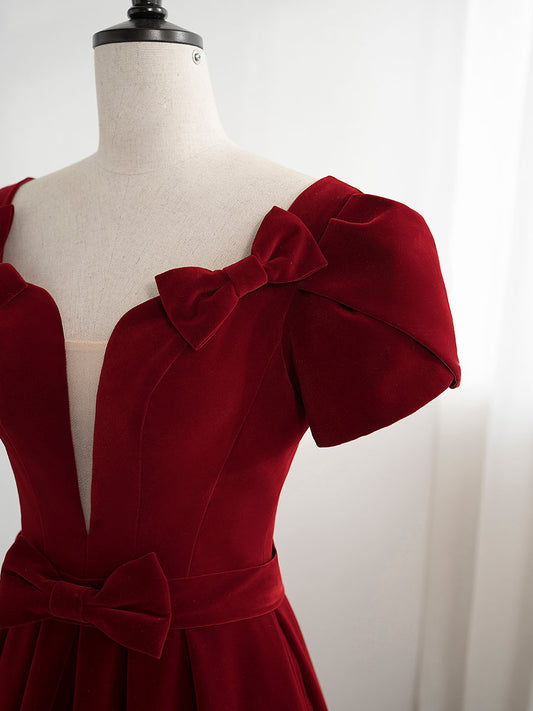 A line velvet burgundy long prom dress, burgundy bridesmaid dress