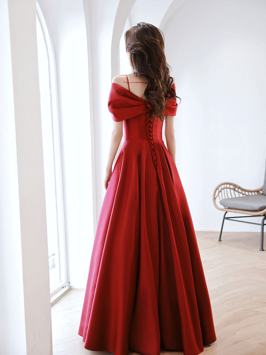 Burgundy off shoulder satin long prom dress burgundy evening dress