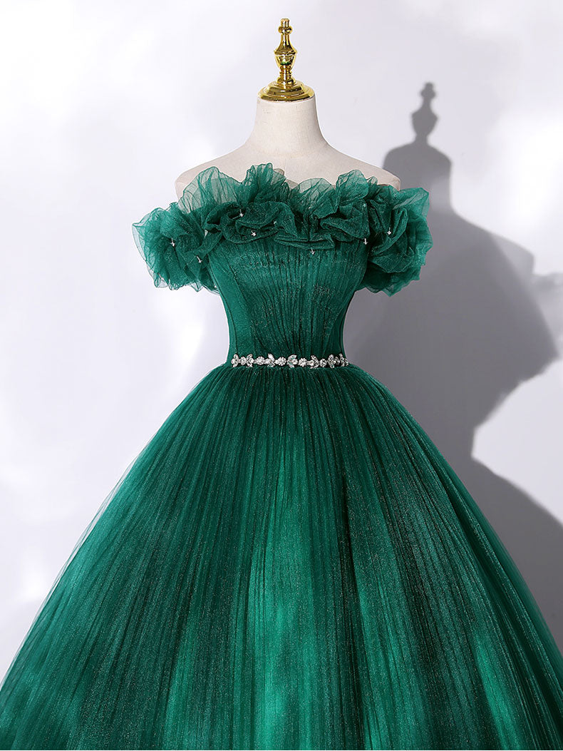 Green tulle off shoulder long prom dress, green tulle sweet 16 dress