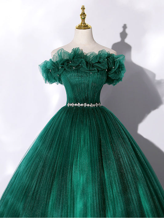 Green tulle off shoulder long prom dress, green tulle sweet 16 dress