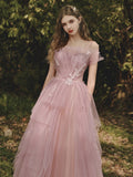 A line Tulle Pink Long Prom Dresses, Formal Pink Graduation Dress With Lace Beading