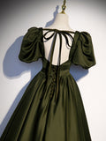 Green satin A line long prom dress, green formal party dress