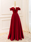 A-Line Off Shoulder Satin Burgundy Long Prom Dress, Burgundy Evening Dresses