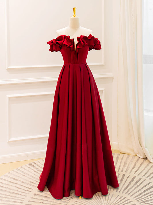 A-Line Off Shoulder Satin Burgundy Long Prom Dress, Burgundy Evening Dresses