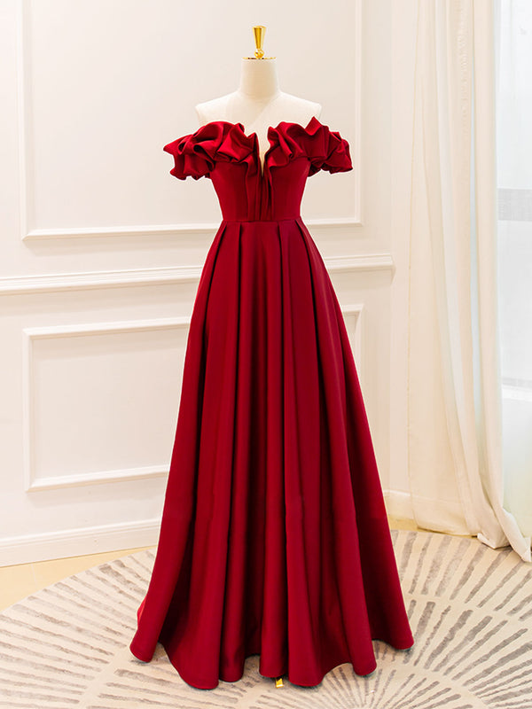 A-Line Off Shoulder Satin Burgundy Long Prom Dress, Burgundy Evening Dresses