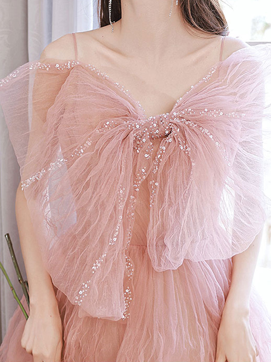 Pink A line tulle long prom dress pink formal evening dress
