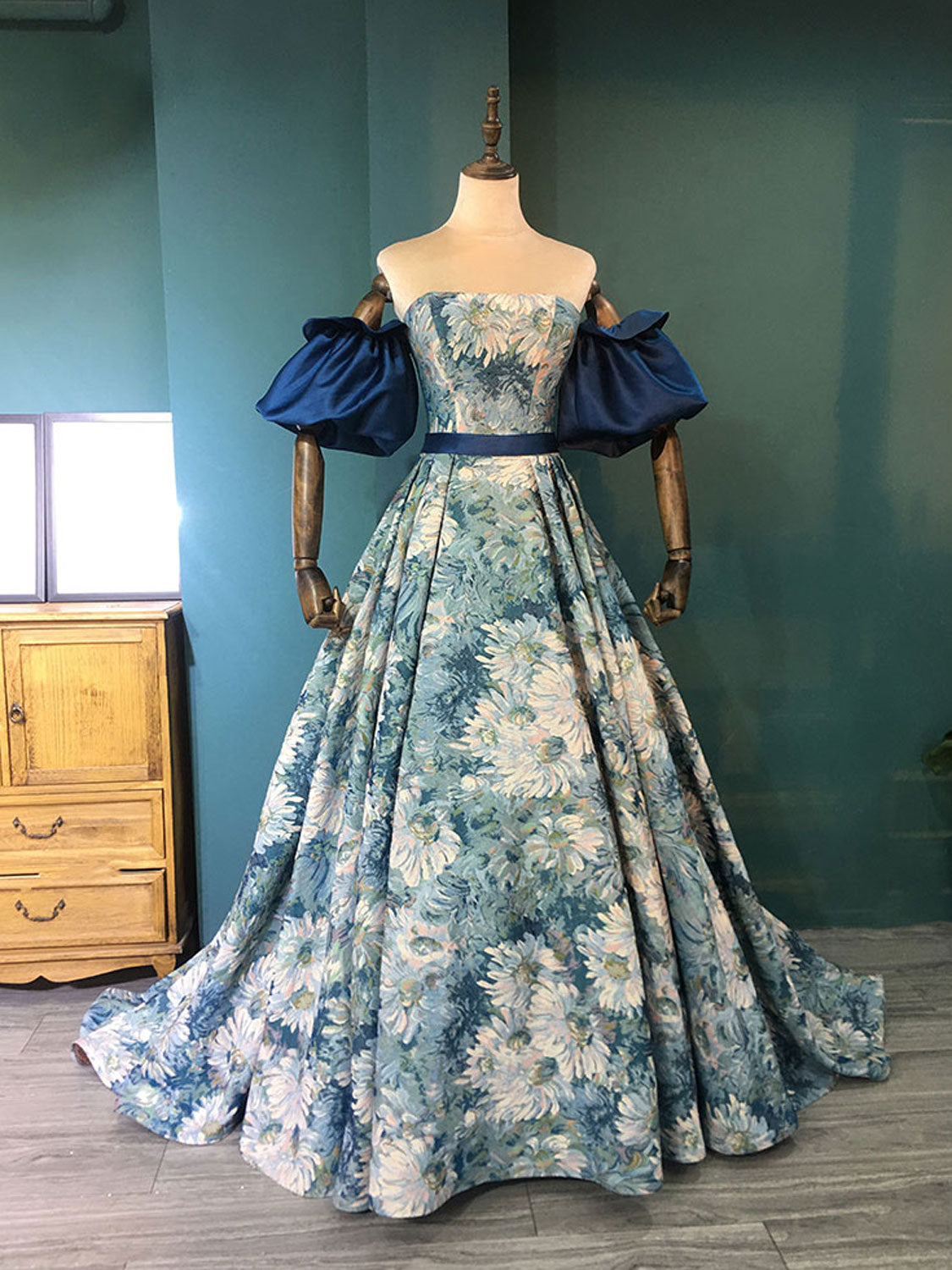 Unique A line satin long prom dress, blue evening dress