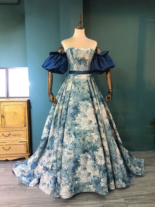 Unique A line satin long prom dress, blue evening dress