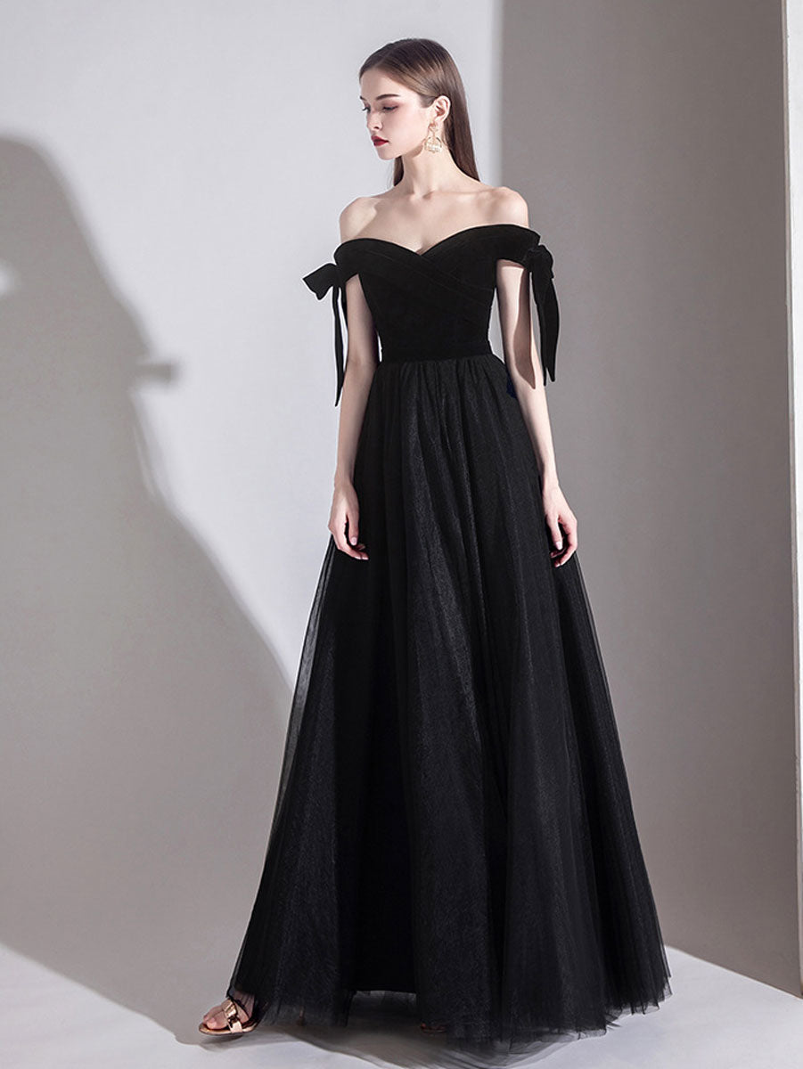 Simple black off shoulder tulle long prom dress, black evening dress
