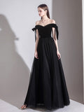 Simple black off shoulder tulle long prom dress, black evening dress