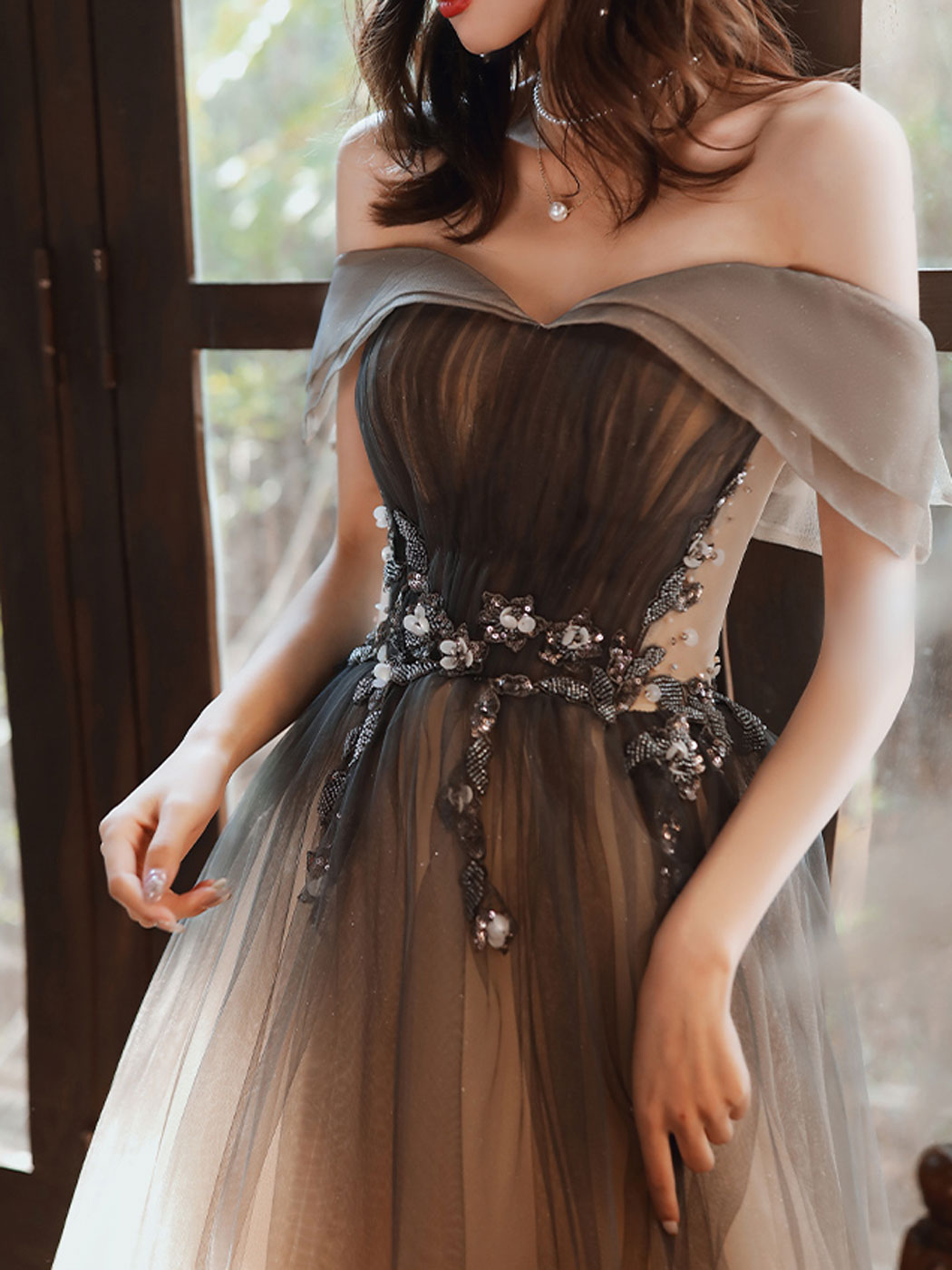 Brown Long Prom Dresses, A line Off Shoulder Brown Formal Graduation Dresses