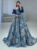 Unique A line satin long prom dress, blue evening dress