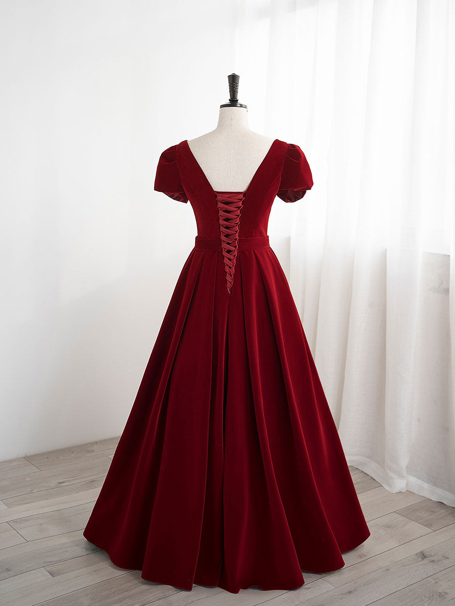 A line velvet burgundy long prom dress, burgundy bridesmaid dress