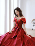 Burgundy off shoulder satin long prom dress burgundy evening dress