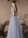 A-Line Sweetheart Neck Tulle Beads Blue Long Prom Dress, Blue Long Evening Dress