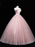 Pink Tulle Long Prom Dresses, Pink Ball Gown Sweet 16 Dress