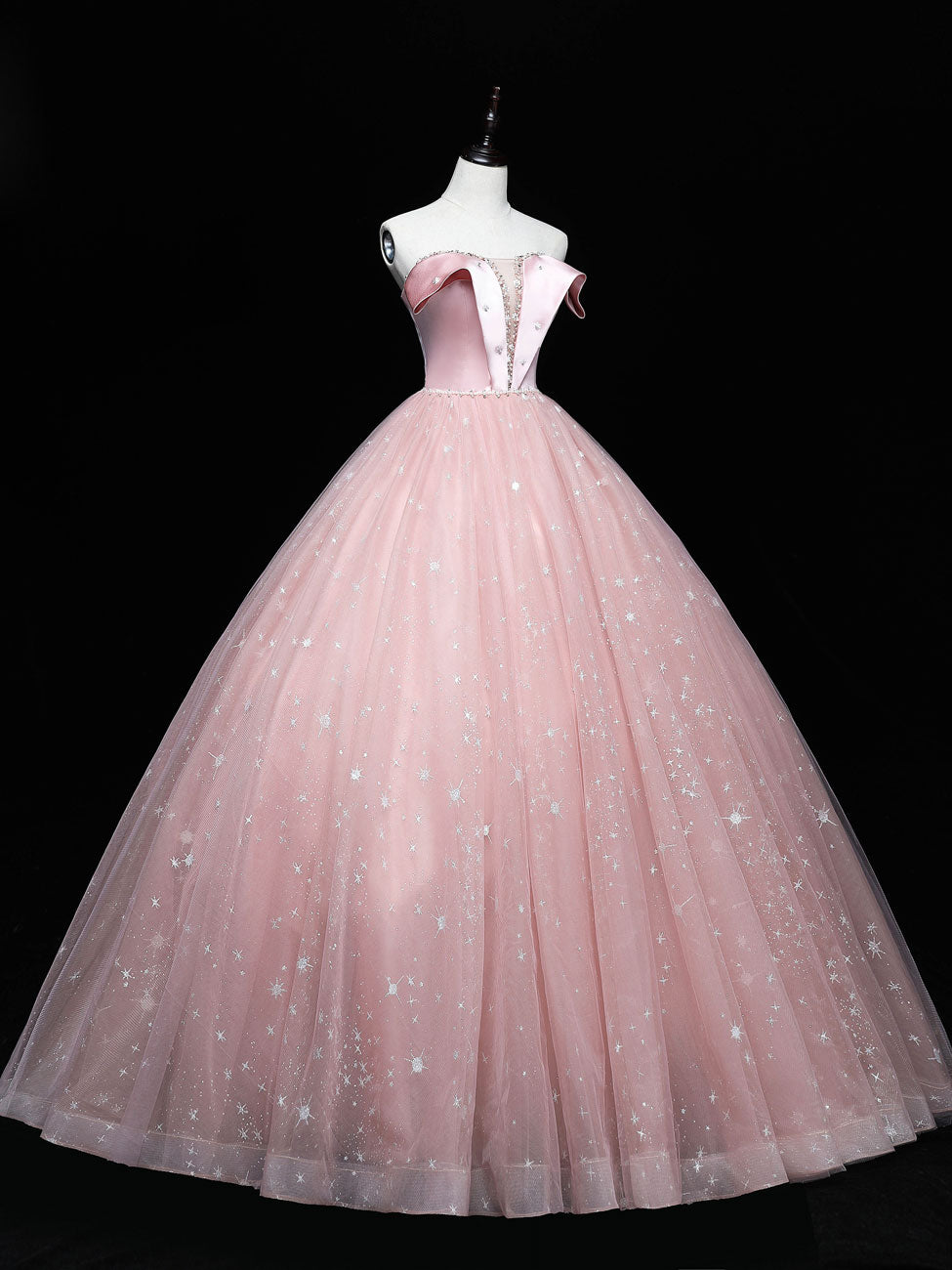 Pink Tulle Long Prom Dresses, Pink Ball Gown Sweet 16 Dress