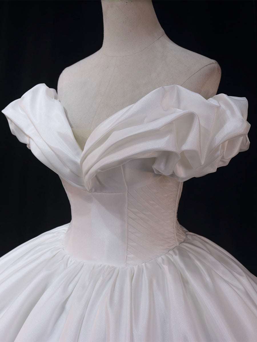 White Off Shoulder Satin Long Prom Dress, White Satin Formal Dress