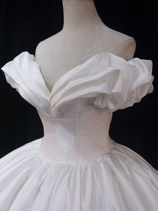 White Off Shoulder Satin Long Prom Dress, White Satin Formal Dress