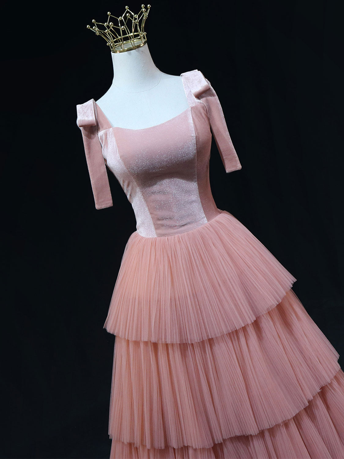 A Line Pink Tulle Long Prom Dresses, Pink Formal Evening Dresses