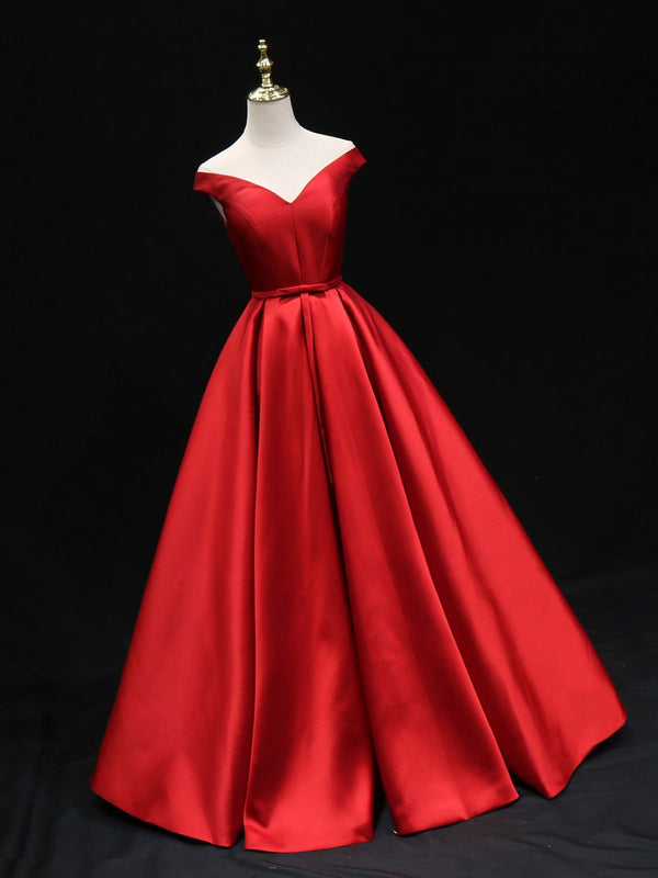 Simple A line satin red ling prom dress, red bridesmaid dress