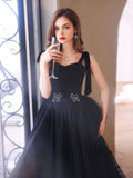 Black sweetheart neck tulle long prom dress, black evening dress
