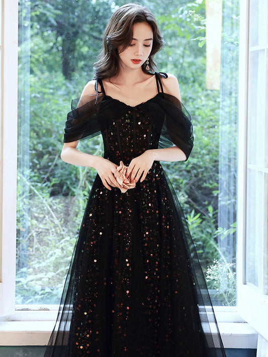 A Line Black Long Prom Dresses, Off Shoulder Tulle Long Evening Dress with Sequin Tulle