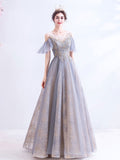 A-Line Scoop Neckline Gray Long Prom Dress, Tulle Lace Evening Dresses
